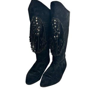 Black Beaded Fringe Tassel Suede Western Boots Womens 8.5 Cowgirl Sparkle
